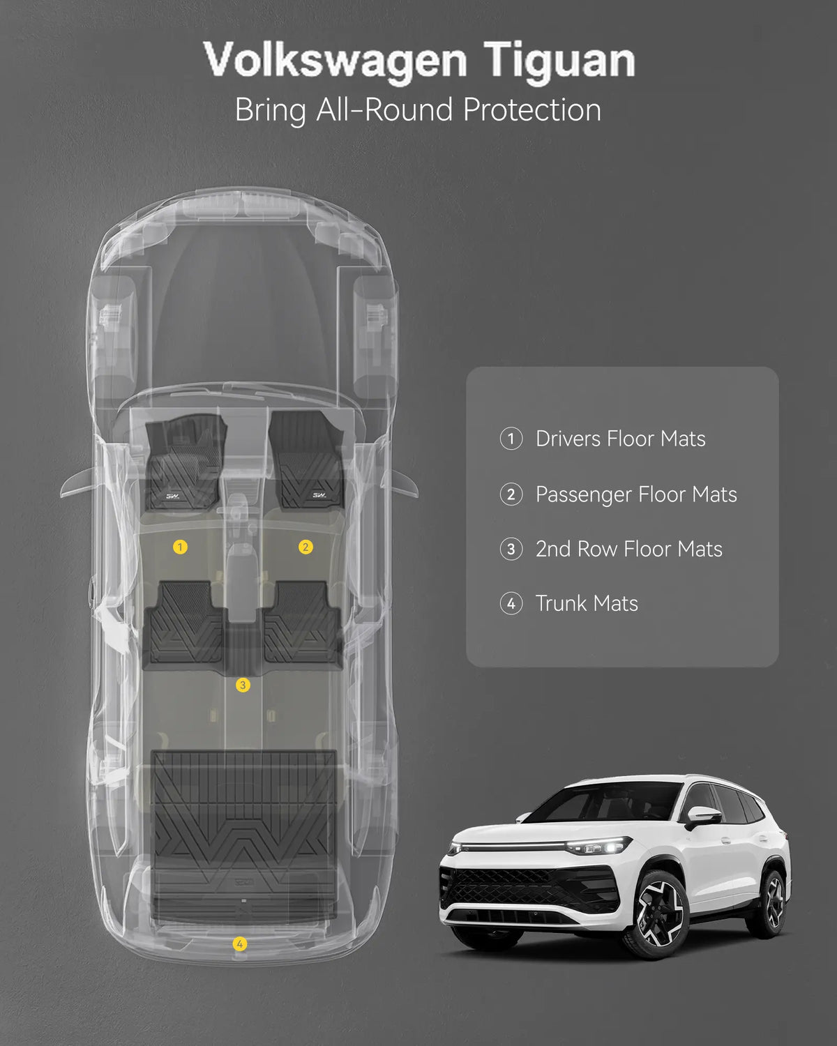 3W Floor Mats & Cargo Liner for Volkswagen Tiguan 2025 2026, All-Weather Protection TPE Car Mats 2 Rows Full Set for VW Tiguan Accessories, Black