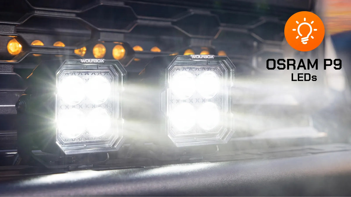 Wolfbox NomadRover 3" off-road LED pods (40W, 4890 LM) on Ford Bronco, with specs.