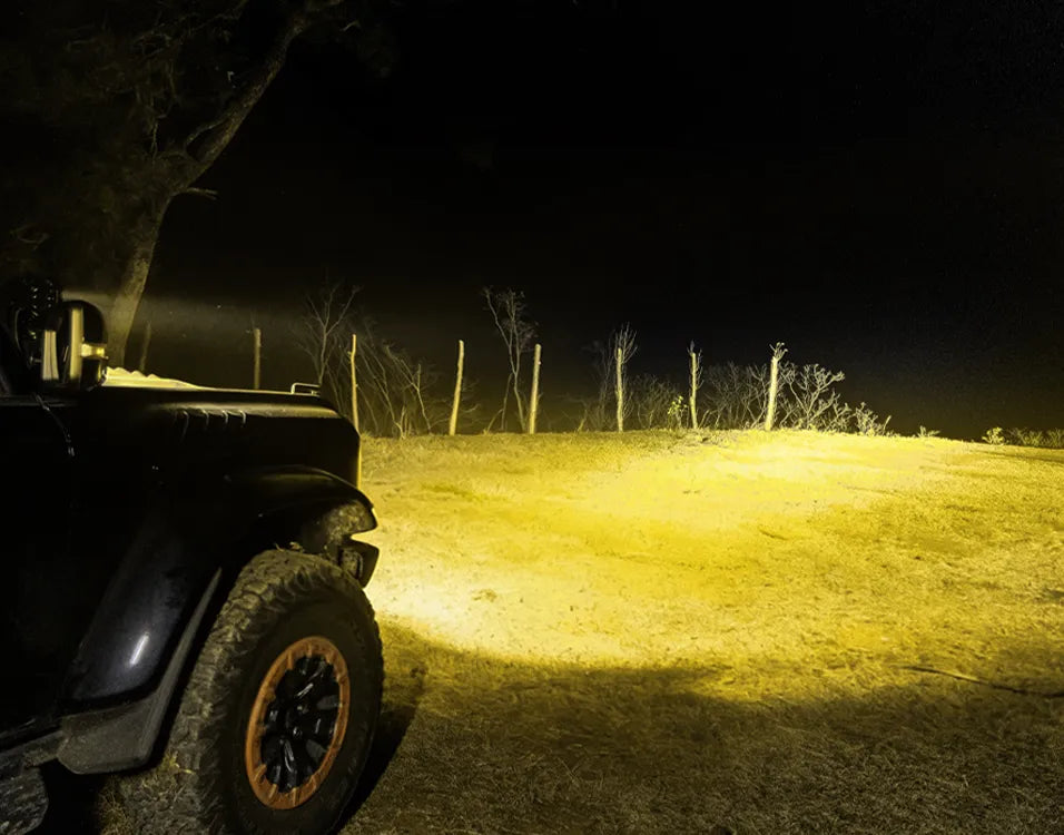 Wolfbox NomadRover 3" off-road LED pods (40W, 4890 LM) on Ford Bronco, with specs.