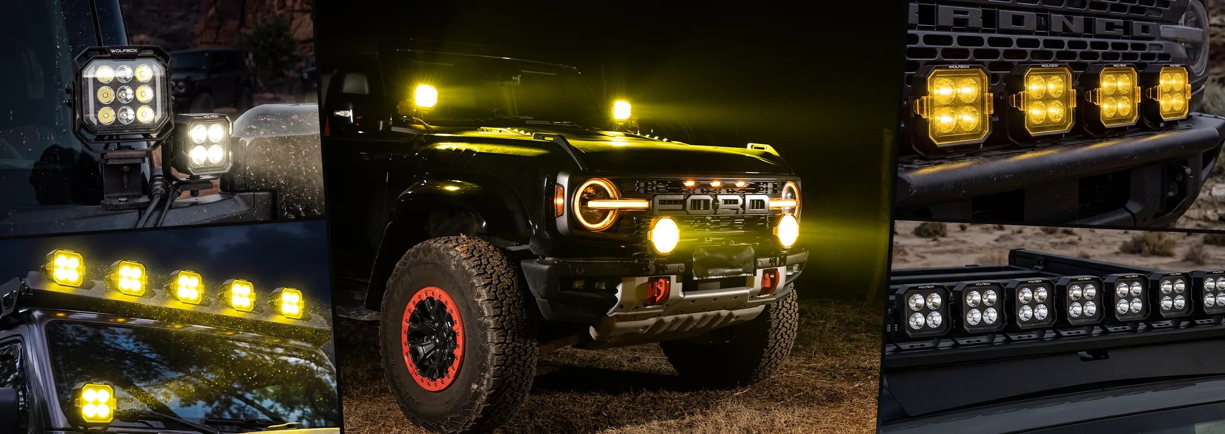 Wolfbox NomadRover 3" off-road LED pods (40W, 4890 LM) on Ford Bronco, with specs.