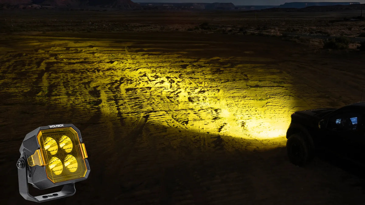 Wolfbox NomadRover 3" off-road LED pods (40W, 4890 LM) on Ford Bronco, with specs.