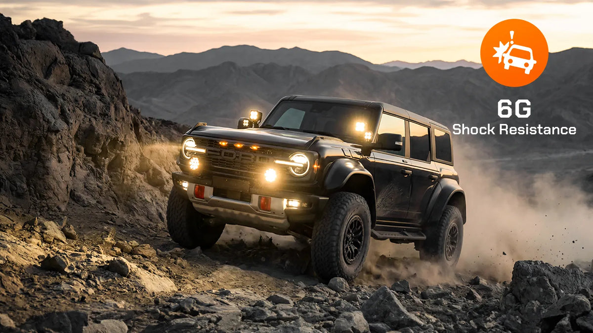 Wolfbox NomadRover 3" off-road LED pods (40W, 4890 LM) on Ford Bronco, with specs.
