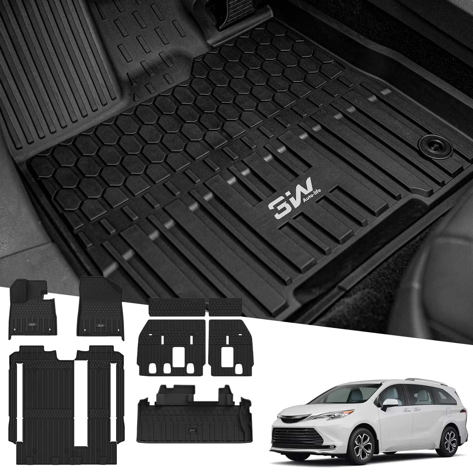 3W Toyota Sienna 8 Seat 2021-2026 Custom Floor Mats Trunk Mat Thorex™ All-Weather Protection - 3Wliners