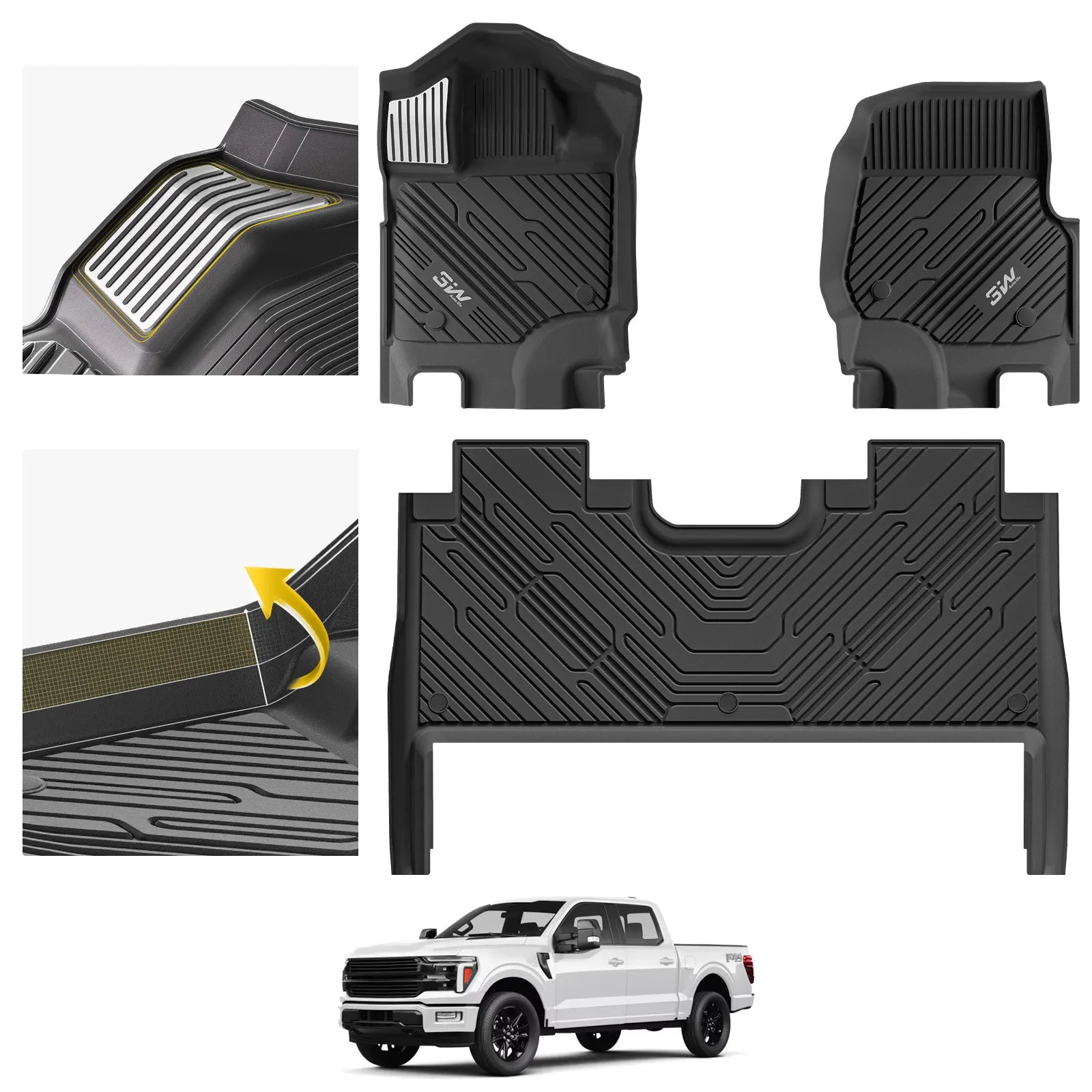 3W All-Weather Thorex™ Floor Mats Fit Ford F150 / F-150 Lightning SuperCrew Cab 2015-2026 (with Original Folding Under-Seat Storage Box) - 3Wliners