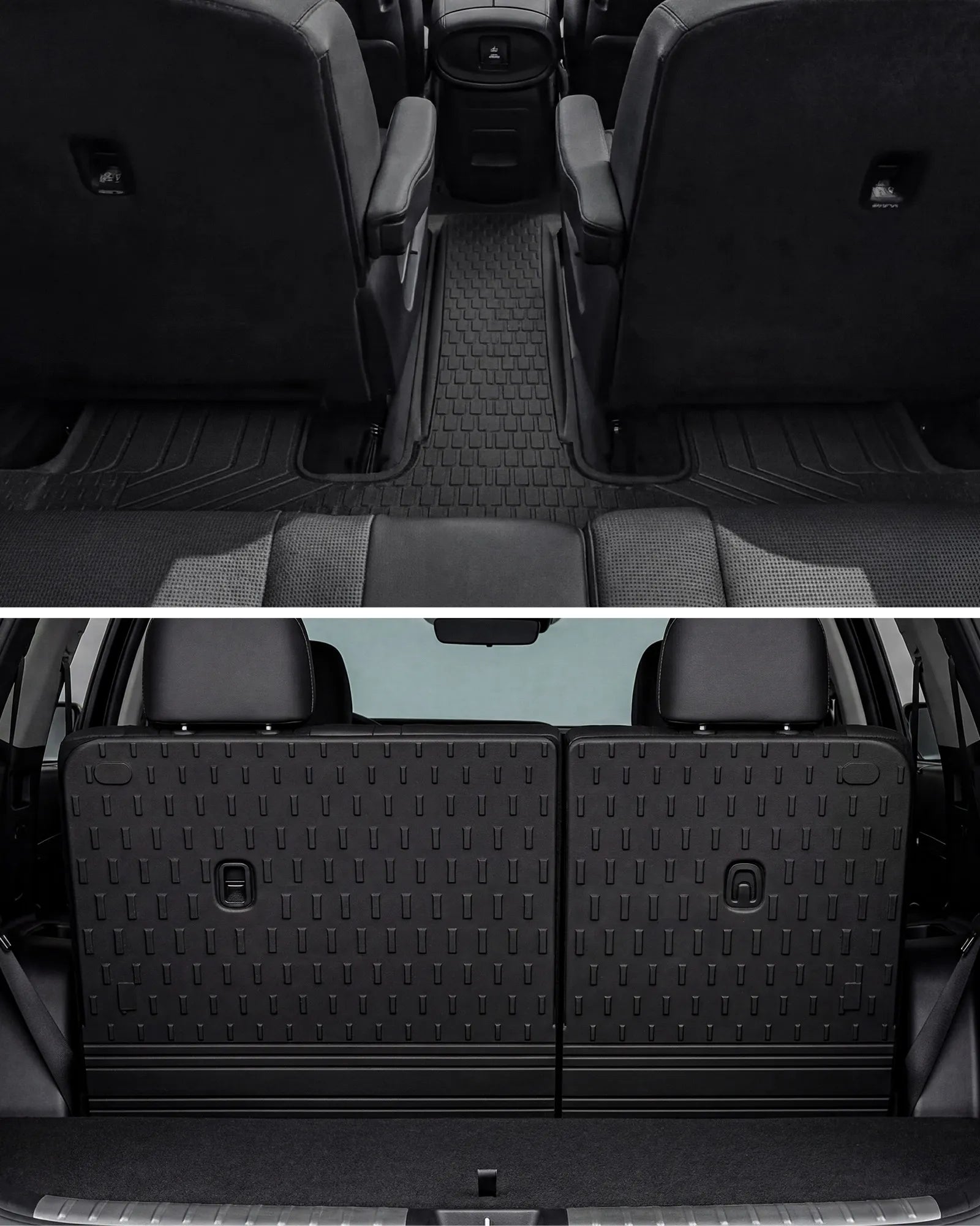 Interior split view of the third-row floor liner and the custom split-folding seat back protectors installed on the rear seats of a Hyundai Palisade 2026, offering complete upholstery shield.
