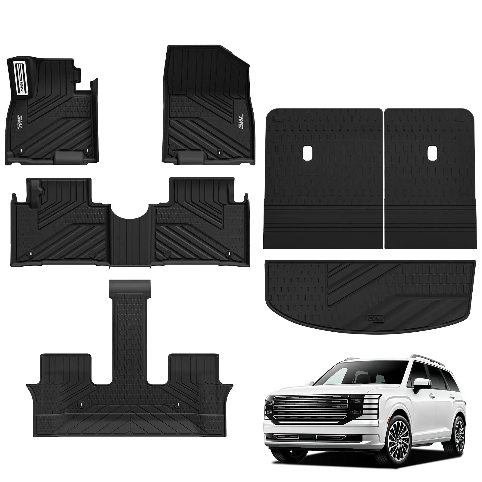 Complete 3W custom-fit all-weather floor liners and cargo mat combo set presented alongside a white Hyundai Palisade Hybrid 2026 model on a clean white background.
