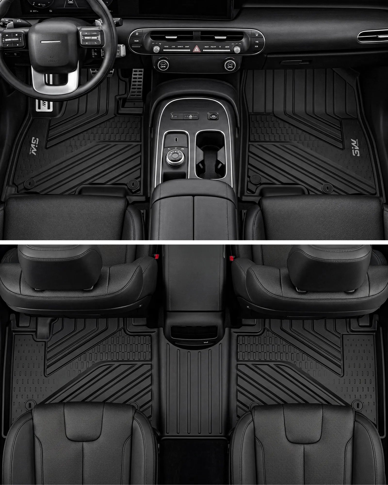 Premium bird's-eye view of 3W all-weather custom TPE floor mats beautifully fitted in the front driver, passenger, and second-row seating areas of the 2024-2026 Hyundai Santa Fe interior.