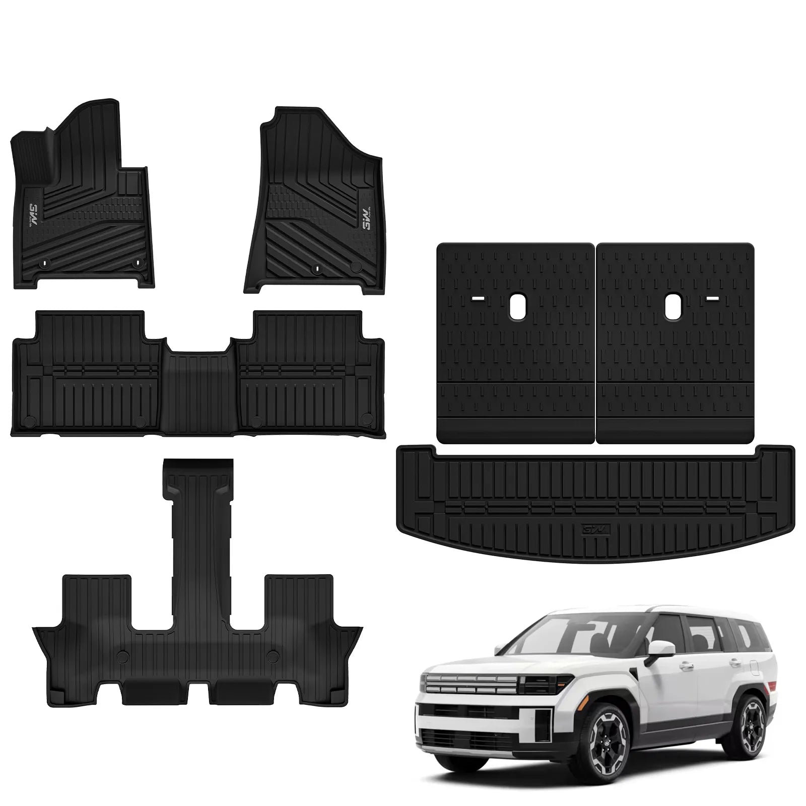 Complete 6-piece premium TPE floor mats and trunk cargo liner combo set with split seat back protectors for 2024-2026 Hyundai Santa Fe Hybrid (6/7 Seater), shown with a white Santa Fe model vehicle.