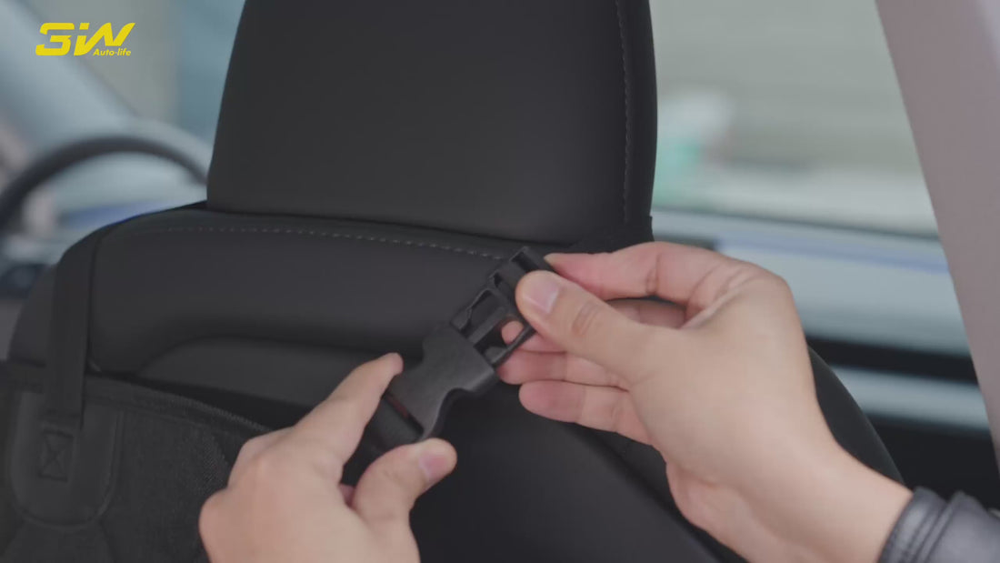 Installing 3W car seat organizer by fastening the adjustable buckle strap around the headrest.