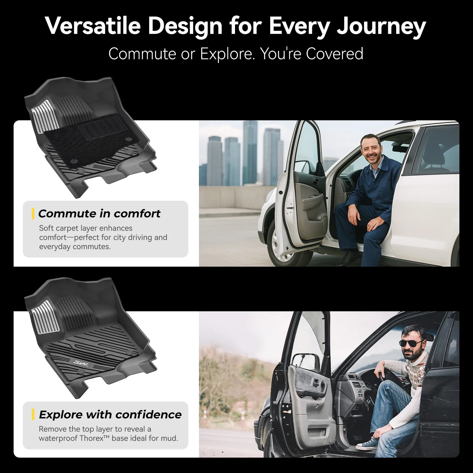 3W All-Weather Thorex™ Floor Mats Fit Ford F150 / F-150 Lightning SuperCrew Cab 2015-2026 (with Original Folding Under-Seat Storage Box) - 3Wliners