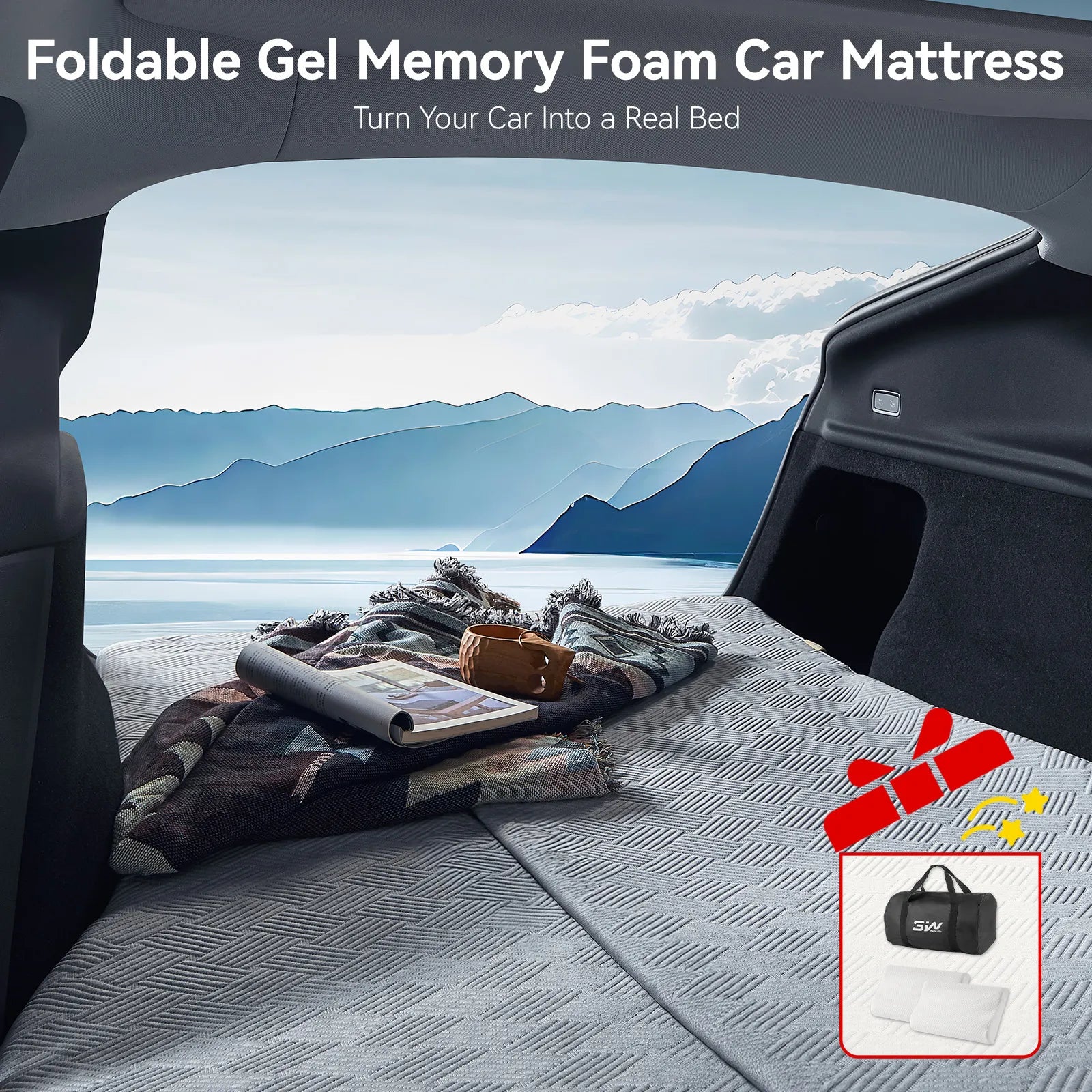 Luxury car camping setup inside a Tesla Model Y overlooking scenic mountains, featuring the 3W foldable gel memory foam mattress with free pillows and travel bag.