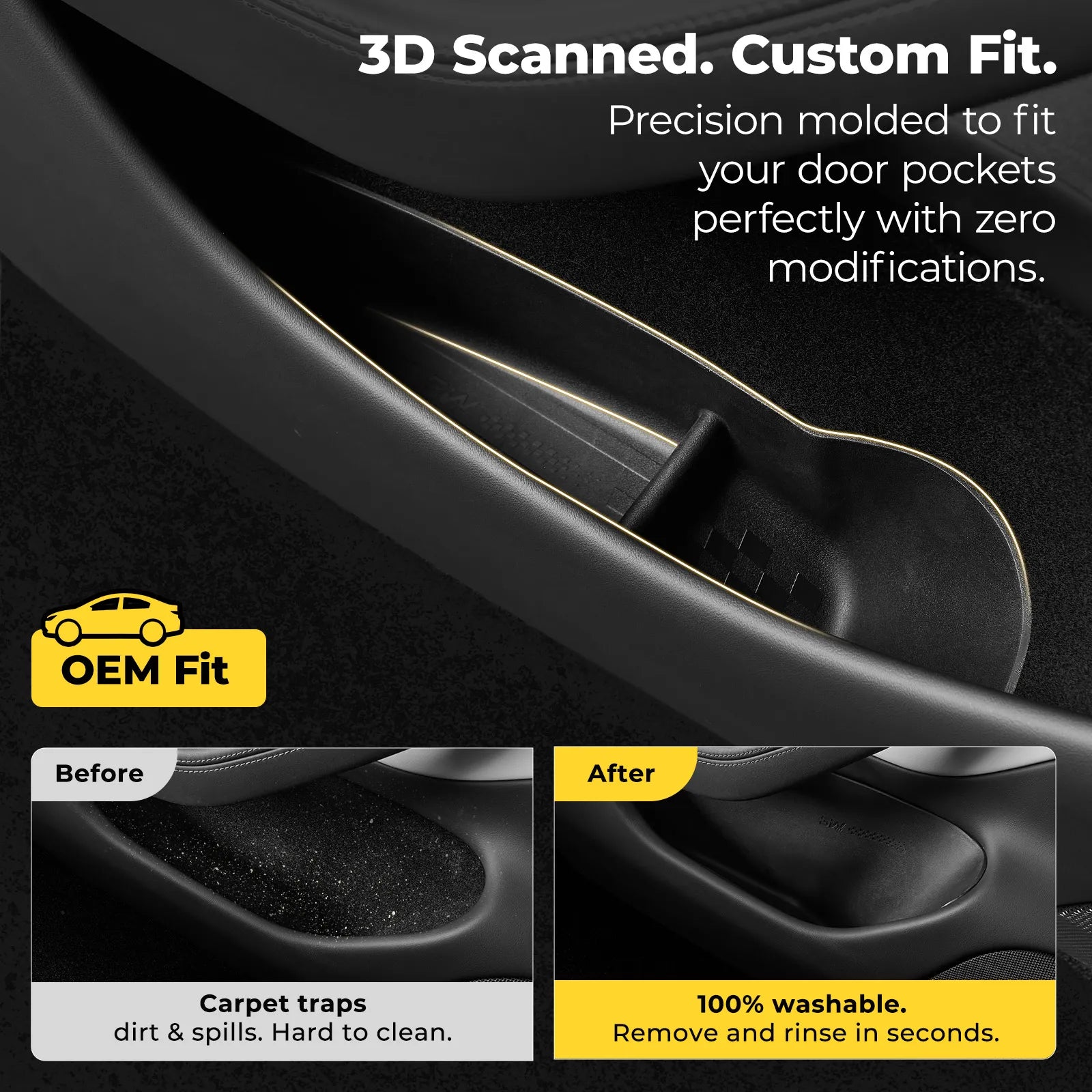 3D scanned custom fit TPE door pocket liners for Tesla Model Y 2025 2026 showing original car mold precision and 100 percent washable waterproof design