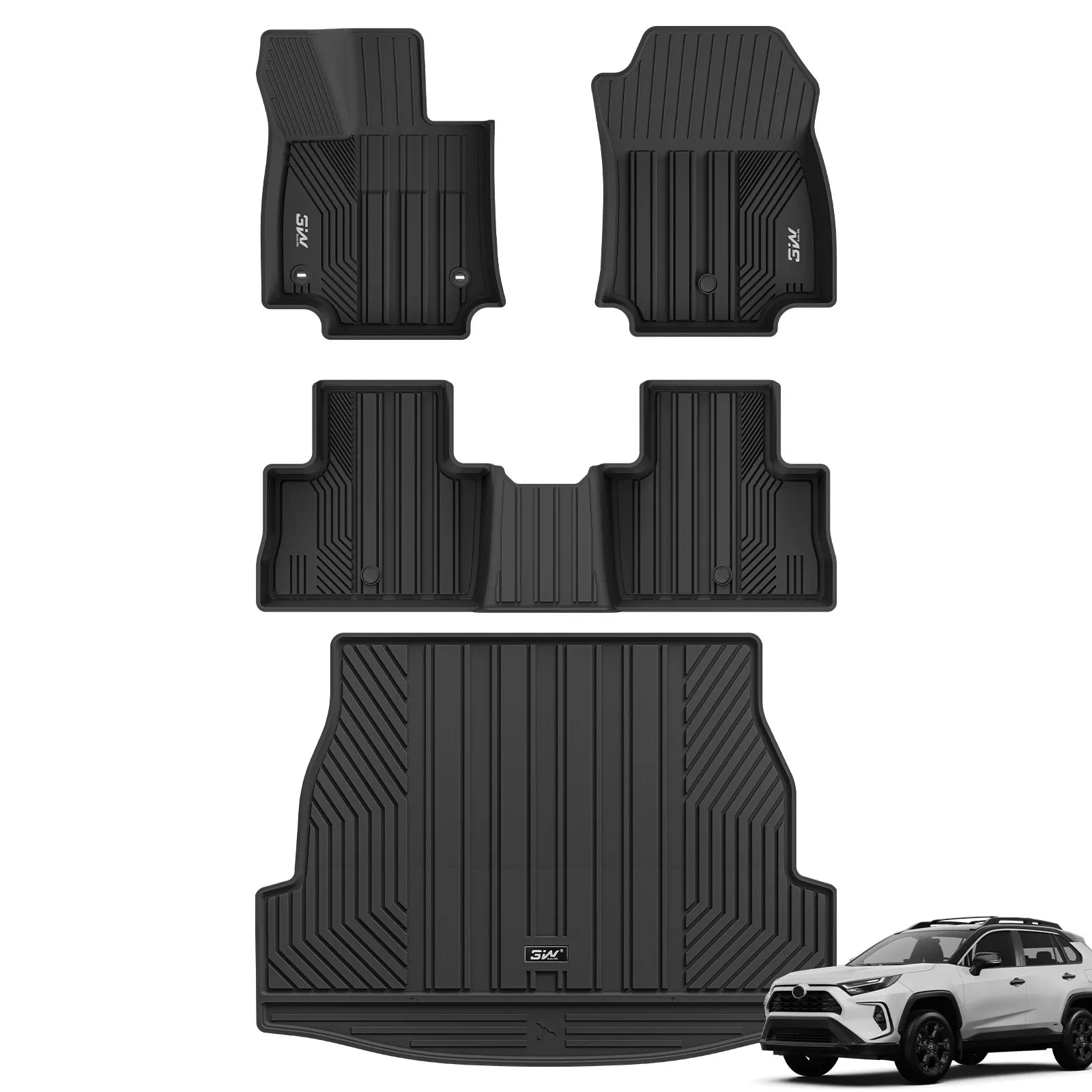 A top-down product photograph of the 3W all-weather TPE floor mats and cargo mat set, designed for Toyota RAV4 Hybrid/Prime (2019-2025). A white Toyota RAV4 vehicle model is included in the frame to demonstrate the precise fitment.