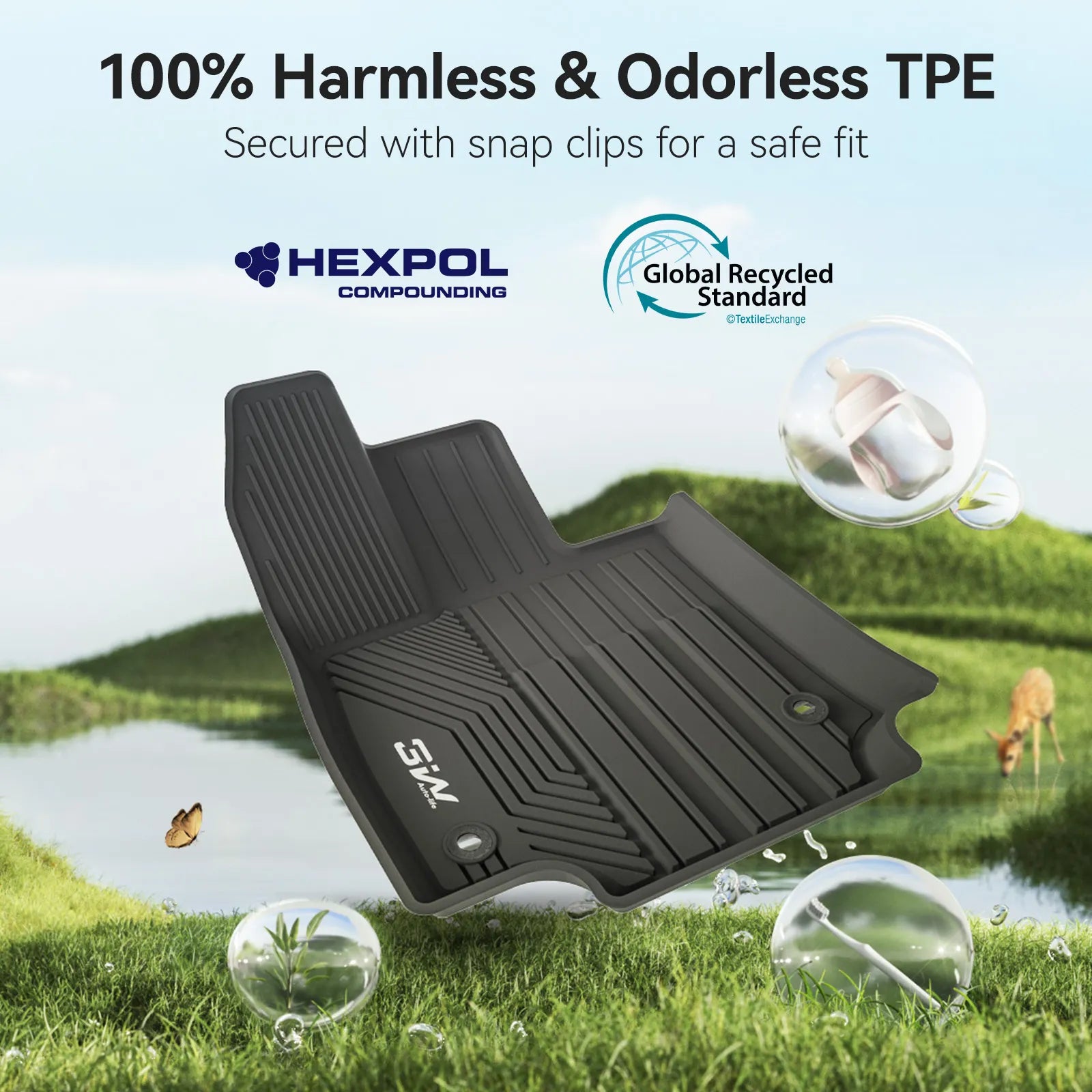 3W Custom-fit black floor mat tailored for Toyota RAV4 XA50 2019-2025 Hybrid (HEV) models, shown next to a white RAV4 SUV. Features durable, all-weather protection and easy cleaning. Note: Does not fit Gas or Prime (PHEV) models.