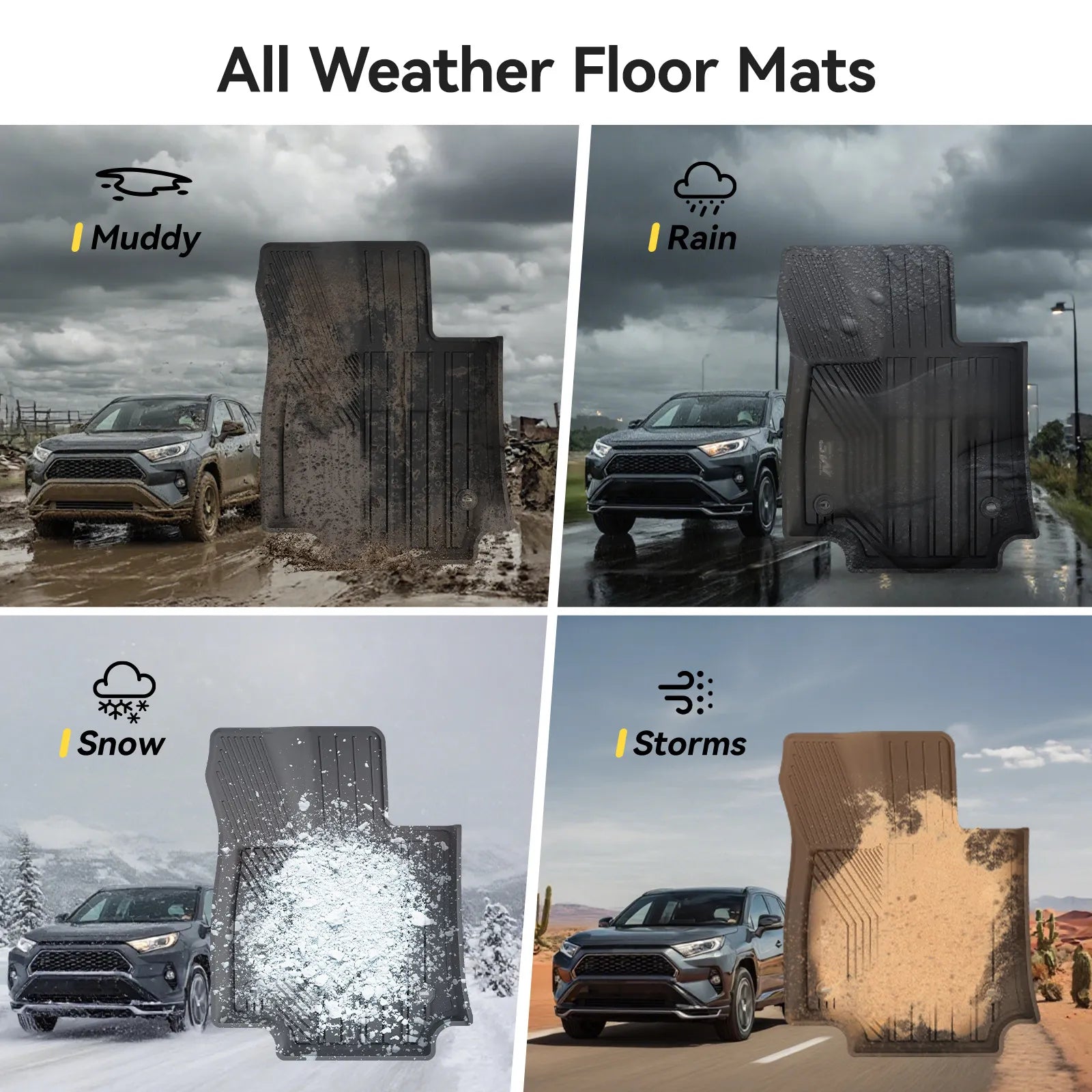 3W Custom-fit black floor mat tailored for Toyota RAV4 XA50 2019-2025 Hybrid (HEV) models, shown next to a white RAV4 SUV. Features durable, all-weather protection and easy cleaning. Note: Does not fit Gas or Prime (PHEV) models.