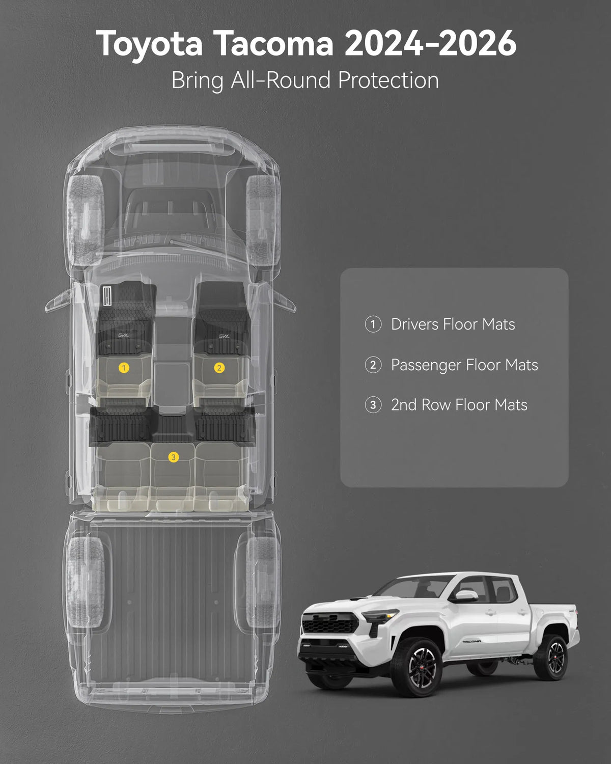 3W Toyota Tacoma 2024-2026 (Double Cab, Automatic Transmission) (Not for Hybrid) Floor Mats/ Bed Mat Thorex™ All Weather Custom Fit
