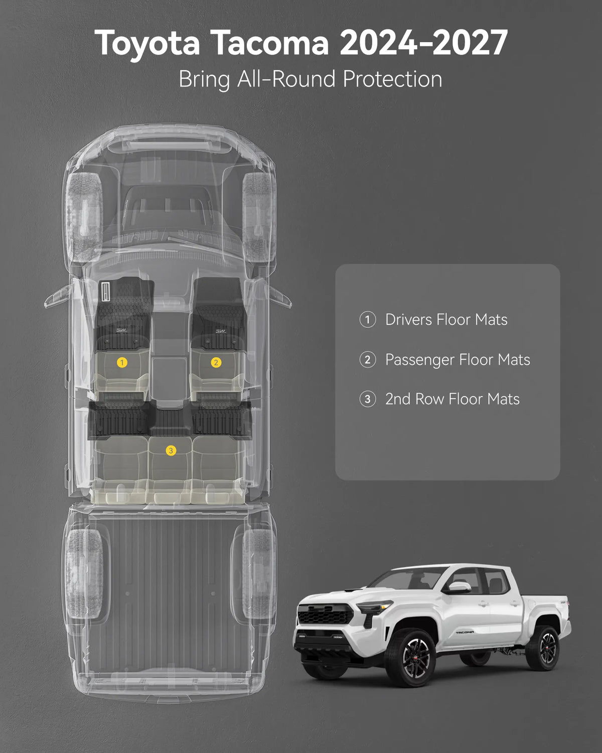 3W Toyota Tacoma 2024-2027 (Double Cab, Automatic Transmission) (Not for Hybrid) Floor Mats/ Bed Mat Thorex™ All Weather Custom Fit
