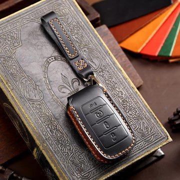 3W Key Fob Cover Case 4 Buttons for Dodge Ram Genuine Leather with Keychain 360° Protection