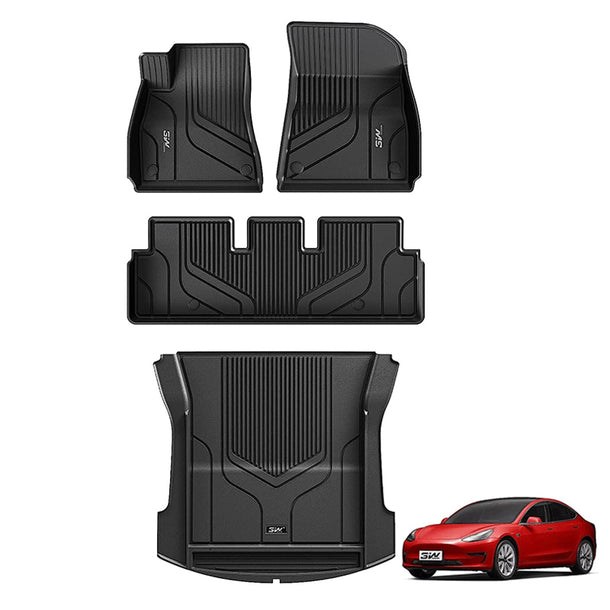3W Tesla Model 3 2021-2023 Custom Floor Mats / Trunk Mats TPE Material & All-Weather Protection Vehicles & Parts 3Wliners 2021-2023 Model 3 2021-2023 1st&2nd Row Mats+Trunk mat