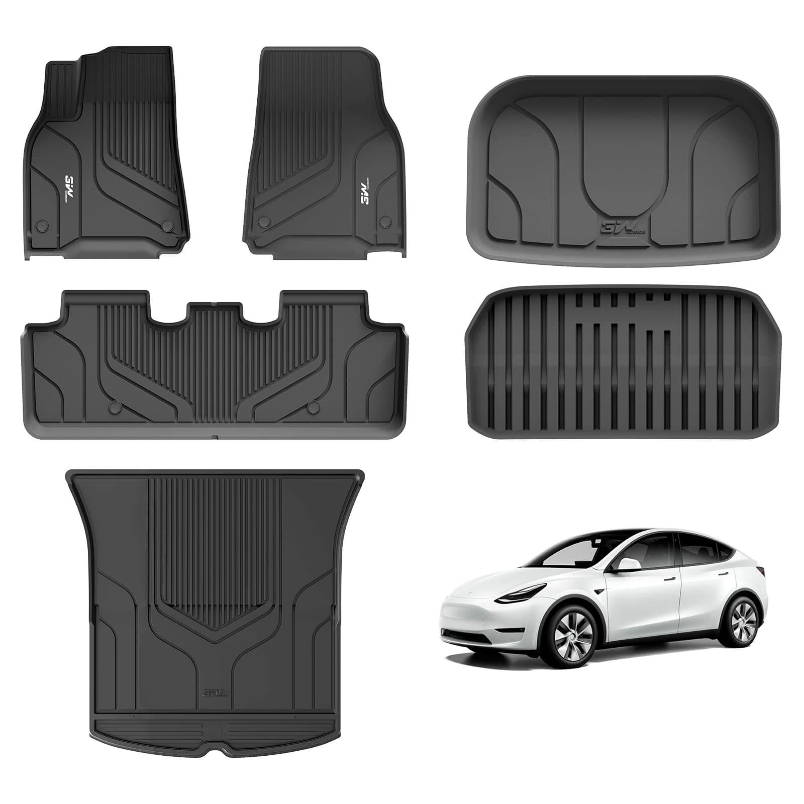 3W Tesla Model Y 2020-2024 Custom Floor Mats / Trunk Mats TPE Material & All-Weather Protection 5-Seater Vehicles & Parts 3Wliners 2020-2024 Model Y 2020-2024 Full Set - 6 PCS